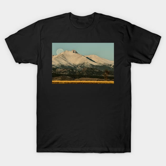 Moonset Over Meeker  and Longs Peak T-Shirt by nikongreg